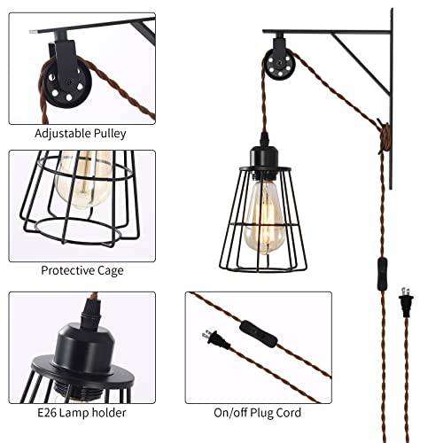 Image of Industrial Rustic Cage Wall Lamp Bracket Pulley Lights Fixture, Farmhouse Pendant Lamp Adjustable Hanging with Plug in Cord - Retro Wall Sconce for Indoor Living Room Restaurant (1-Pack)