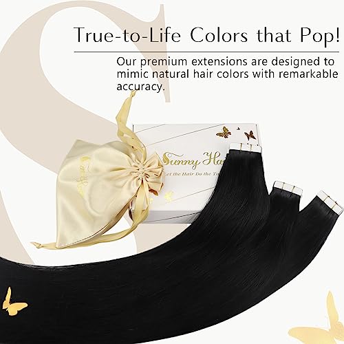 Sunny Black Invisible Jet Black Hair Extensions Human Hair Tape Ins For Black Women 20Pcs 50G 20Inch #TOP1