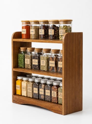 Image of 3 Tier Wooden Kitchen Organizer Rack for Countertop Storage | Multipurpose Spice Rack & Masala Stand for Seasoning Bottles, Condiments, Tea, Coffee & Daily Essentials