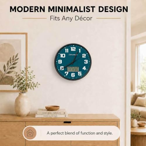 Image of Cloud Space 12 inch Silent Wall Clock Battery Operated, Non Ticking Modern Wall Clock with LCD Calendar & Fahrenheit Temperature Display, Easy-to-Read Kitchen Bedroom Office Living Room Wall Clock
