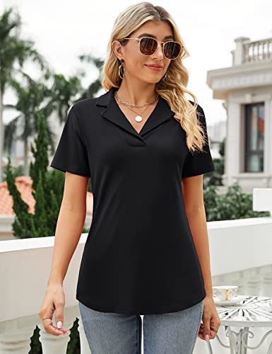 Rapbin Damen Poloshirt Kurzarm V-Neck Baumwolle Business Sommer Top Casual Polo Shirts Bluse Oberteil 2025 (Black, L)