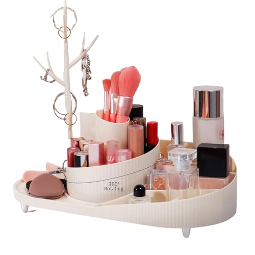 360° Rotating Makeup Organizer with Jewelry Stand,Thickened Plastic Material?Large Capacity Cosmetic Storage Box, Portable Vanity Case for Makeup, Skincare, Jewelry, Perfect for Home and Travel