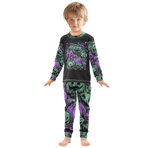 Fustylead Halloween Green and Purple Color Pumpkin Long Sleeve Top and Matching Bottom Cotton Pajama Sets3