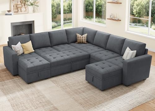 Image of HONBAY Modular Sectional Sleeper Sofa with Pull Out Couch Bed, U Shaped Couch with Storage, Sectional Couches for Living Room, Bluish Grey