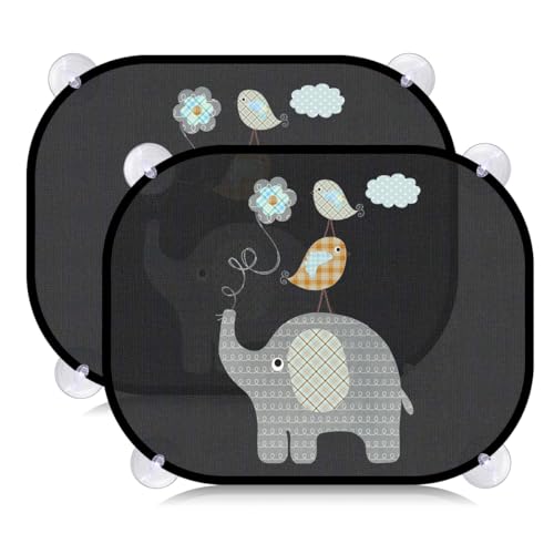 Parasol Coche Bebé con Protección UV 45x35,5cm Parasoles Coche Bebé con 8 Ventosa, Parasol Coche Infantil con 98% Protección del Sol y el Calor -2 Unidades Parasol Coche bebé con Elefante