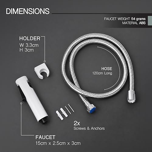 Image of Robustt Health Faucet for Toilet ABS Jet Spray Gun (White) with 1.2 m Premium 304 Stainless Steel Hose & Wall Holder | One-Press Water Control, Anti-Rust Body, Leak-Proof | for Bathroom and Cleaning
