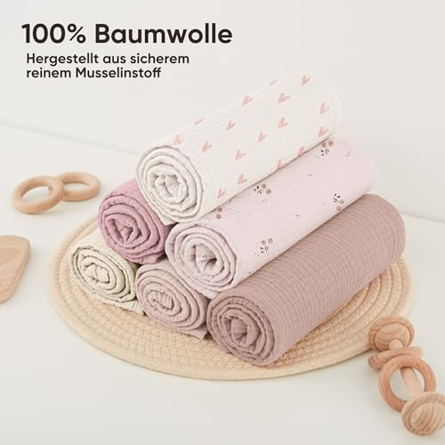Bearmoss Moltontücher Baby 100% Baumwolle Weiche Spucktücher Baby,Atmungsaktiv und Extrem Saugfähig Musselin Tuch für Saugstark Mulltücher 3er 60x60cm(Rosa Herz) 5