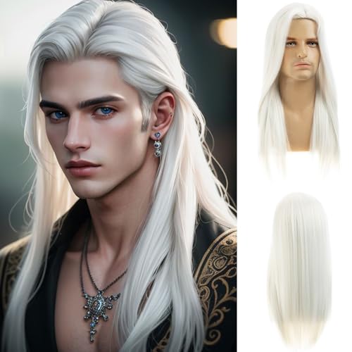 Dsimeig Long Straight White Wigs for Men Synthetic Side Part Heat Resistant Party Cosplay Hair Wig