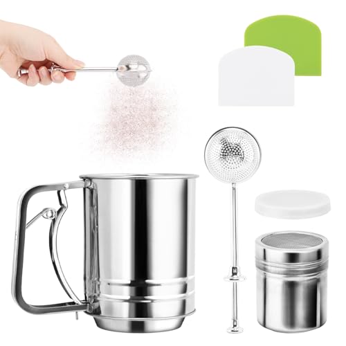 Flour Sifter, Stainless Steel Powdered Sugar Shaker Duster,3 Cup Double Layer Fine Mesh Sifter,2PCS Baking Scraper,Flour Shaker Duster for Baking Cakes and Spices