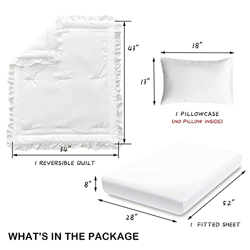 3 Pieces Crib Bedding Set Baby Ruffle Quilted Comforter With Fitted Sheet And Pillow - Cute Ruffled Shabby Chic Bedding Soft Blanket Design White #TOP3