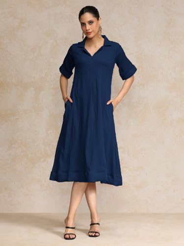 Image of Varanga Women Beige A -line Calf Length Dress Featuring Classic Shirt Collar and Short Sleeves which offering Comfort and Ease