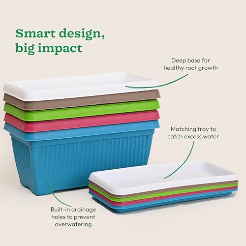 Image of UGAOO Bellow Rectangle Window Planter - Set of 5 | Multicolour | Long & Deep Planters for Balcony Railings, Windowsills & Gardens | Lightweight, Durable & Recyclable | Matte Finish