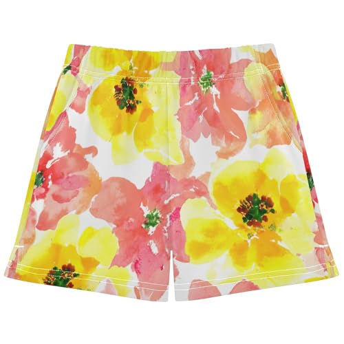 Girls Shorts Yellow Pink Floral Kids Athletic Sleep Pajama Shorts Custom Patterned Comfy Summer Clothes, X-Small