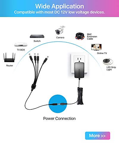 Zosi 12V 2A 100V-240V Us Ac To Dc Power Supply Adapter & 4-Way Power Splitter Cable For Cctv Home Security Camera Surveillance System #TOP4