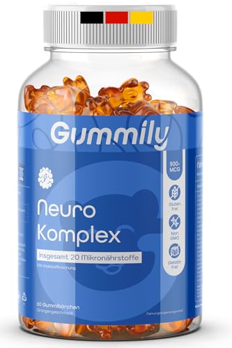 Neuro Komplex 20 Mikronährstoffe für Fokus Konzentration Gedächtnis & Nerven | Mit Vitamin B12 Zink & Jod | 60 Vegane Gummibärchen Orangengeschmack - Gummily