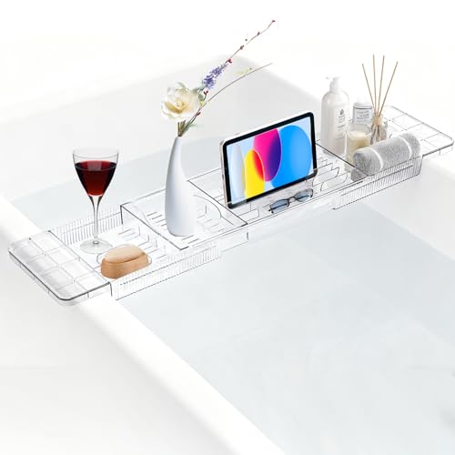 ARATERVIO Verstellbares Badewannen-Tablett 5680cm Teleskop Badewannenablage mit Ablauföffnungen erweiterbarer Badewannen-Organizer für Wein Bücher Tablets Handy Kerzen (Transparent)