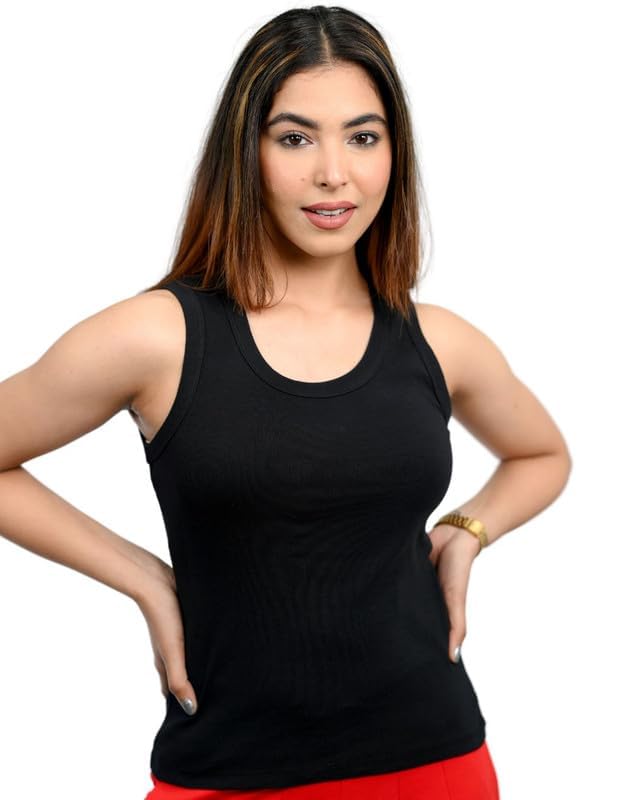 Women's Sleeveless Camisole Tank Top, Black Inner Wear Crop Top-image-32