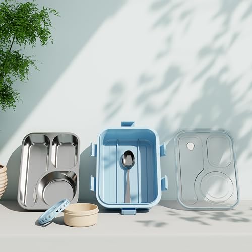 Image of 3-Compartment Stainless Steel Lunch Box, Leak-Proof & BPA-Free Bento Box, Eco-Friendly, Durable Meal Prep Container for Kids & Adults, Ideal for School, Office, College, Travel (Sky Blue)