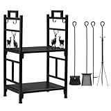Outvita 2 Tier Firewood Log Rack, Iron Lumber Storage Holder, Wood Pile Stacker Organizer for Indoor Outdoor Fireplace Fire Stove Pit With 4 Fire Tools Hanging Hooks Christmas Elements Black