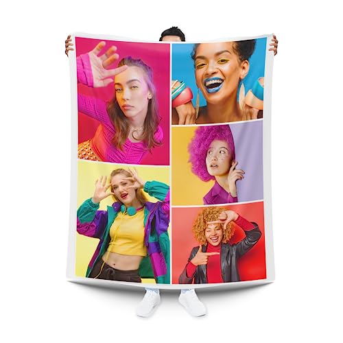 Pla Pla Pla Manta Collage Personalizada con Tus Fotos. Manta Personalizada con Collage de Fotos y tu Texto. Tamaño 70x120 cm. (5 Fotos)