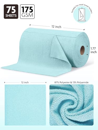 Fantasticlean Microfiber Cleaning Cloth Roll -75 Pack, Tear Away Microfiber Towels, 12" x 12", Reusable, Washable, Scratch Free, Ultra Absorbent Dishcloth for All-Around Cleaning Supplies (Blue)