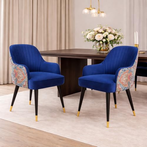 Image of Velvet Accent Chair | Modern Upholstered Dining Chair for Living Room, Office, Lounge & Vanity | Sturdy & Stylish Armchair (Floral, Blue)