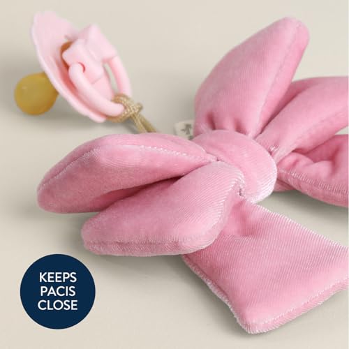 Image of Itzy Ritzy Pacifier & Lovey Set - Natural Rubber Paci with Stuffed Animal Lovey - Detachable Velour Bow Pacifier Holder & Coordinating Natural Rubber Soother, Ideal for Ages 0-6 Months (Bow)