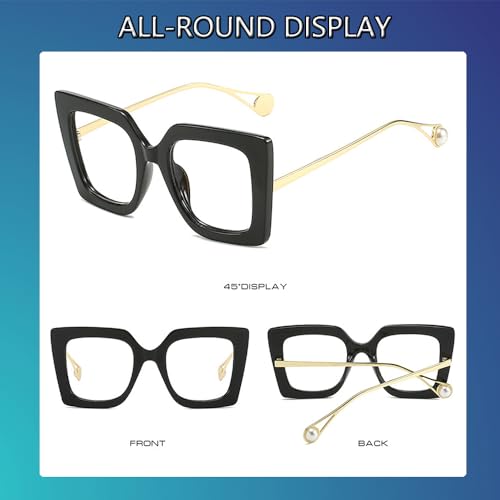 Image of Oversized Square Blue Light Blocking Glasses for Women Thick Fashion Pearl Inlay Arm Eyewear Computer Eyeglasses