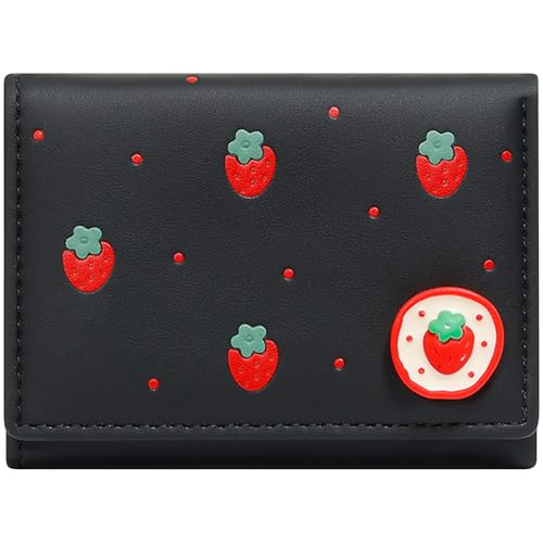 YINHEXI Wallet Women, Small Cute Womens Wallet with Fruit Pattern, PU Leather Trifold Card Holder with 7 Card Slots and ID Window (Black Strawberry)