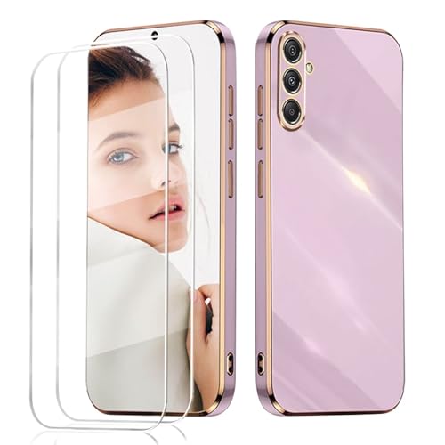 LENGRACE para Samsung Galaxy A34 5G Borde Chapado Carcasa con 2 Protector Pantalla,Galvánico Silicona TPU Anti-Choque Antigolpes Funda-Púrpura