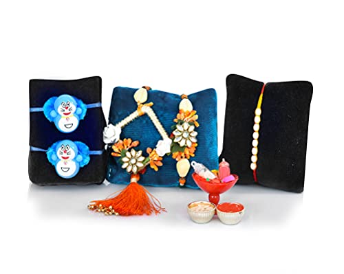 Image of NUTRI MIRACLE Rakhi Dry Fruit & Chocolate Gift Hamper I Ethnic Floral Bhai Bhabhi Pair I Kids Toy Rakhi I Pearl Dora I Tilak KitI Cookies,450gm