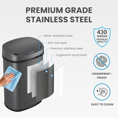Image of iTouchless Patented 13 Gallon Motion Sensor Trash Can with Lid & AbsorbX Odor Filter | 50L Gray Stainless Steel Kitchen Garbage Bin, Fits Standard Bags, Long Battery Life, AC Adapter Compatible