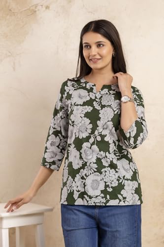 Image of Women's Floral Print Tunic Top, 3 /4 Sleeve, V-Neck, Casual Wear