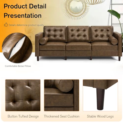 Image of 84 inch Premium Faux Leather 3-Seat Sofa w /2 Bolster Pillows and Tufted Backrest, Mid-Century Modern Sofa, Luxury Couch for Living Room, Bedroom, Office, Coffee Brown