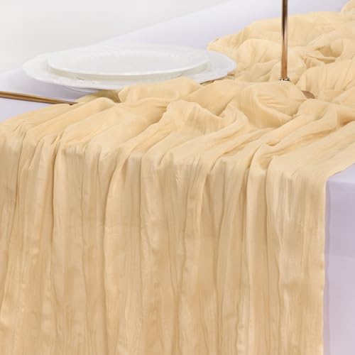 Image of Socomi 6pcs Gold Champagne Cheesecloth Table Runner Summer Boho Rustic Gauze 120 inch 10FT Cheese Cloth Sheer Runner for Wedding Party Baby Shower Birthday Home Decor Holiday Decorations