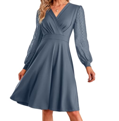 Women's A-Line Dress with Floral Print V-Neck Long Sleeves Elastic Waist Ruffled Hem Flowing Long Dress