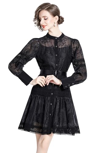 Image of LAI MENG FIVE CATS Women's Hollow Out Floral Print Lantern Sleeve Button Casual Mini Dress