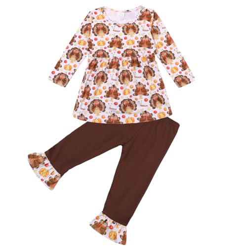 Image of Thanksgiving Toddler Girls Turkey Outfits Set Ruffle T-Shirt Dress and Pants Outfit Set 3-8Years