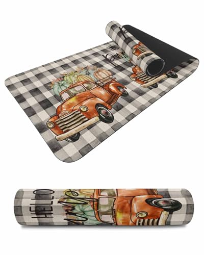 Debedcor Heat Proof Table Pads Waterproof Decorative, Hello Pumpkin Non-Slip Table Countertop Protector, Farmhouse Fall Truck Gray Plaid Insulation Mat for Dining Room, 48 x 12 Inches