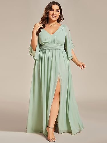 Image of Ever-Pretty Plus Women's Plus Size V Neck Half Sleeves Slit A Line Floor Length Bridesmaid Dress 01886-DA
