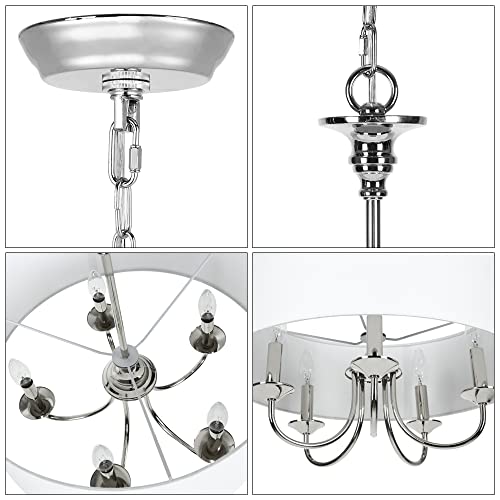 T&A Talent And Art Modern Nickel 5-Light Chandelier With White Linen Drum Shade,20" Simple Chain Pendant Light Lights For Foyer Dining Room Living Room #TOP3