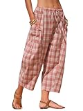 EXLURA Womens Cotton Faux Linen Gingham Barrel Capri Pants Plaid Palazzo Trousers Harem Pants Pockets Summer Beach Vacation