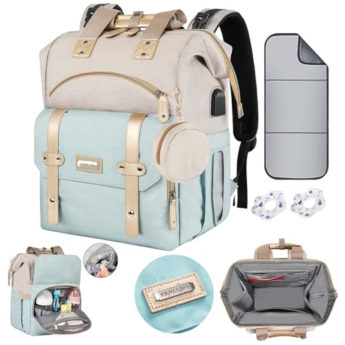 KENLUMO Sac à Dos à Langer, Sac à Langer bébé avec Matelas à Langer Portable, Sangles de Poussette et Porte-Sucette, Sac de Voyage multifonctionnel pour Maman ou Papa (bleu et blanc)