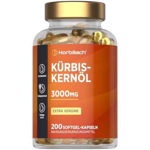 Kürbiskernöl Kapseln 3000mg pro Tagesdosis | Mit natürlichen Vitamin E | Hochdosiert | Naturbelassen & Kaltgepresst | 45% Linolsäure (Omega 6) | 200 Pumpkin Seed Kapseln | Horbaach
