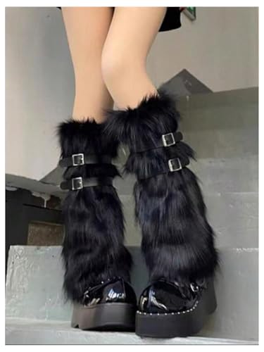 WDIRARA Women's Fuzzy Leg Warmers Buckle Faux Fur Long Boot Cuffs Covers Y2k Goth Socks2