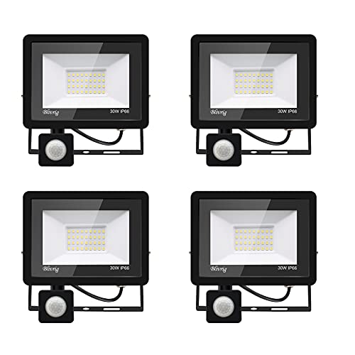 Blivrig LED-Flutlicht für den Außenbereich, 30 W, mit Bewegungsmelder, super hell, wasserdicht, IP66, Scheinwerfer, Sicherheitsbeleuchtung, kaltweiß, für Garage (4 Packungen, 30 W)