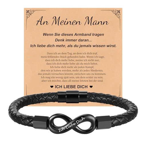 Valentinstag Armband Herren Personalisierte Geschenke - Lederarmband Herren mit Gravur Namen Geflochtenes Armband Leder Unendlichkeits Ich Liebe Dich Geschenk Jahrestag Männer Geschenke (Schwarz, 21)