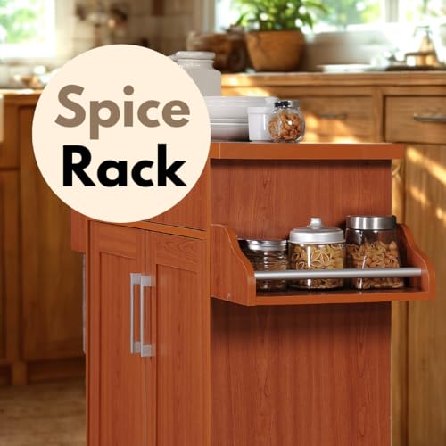 image for Hodedah Rolling Wood Kitchen Island Cart with Spice Rack, Towel Rack, 
