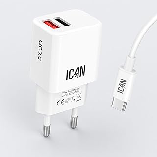 شاحن حائط سريع 27 واط | منفذ مزدوج كيو سي 3.0 (USB + نوع C) مع كابل USB-C - قابس اوروبي - شحن سريع لاجهزة اندرويد وايفون