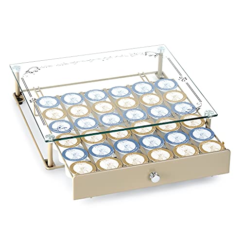 K Cup Holder, Hystun Crystal Tempered Glass Top Coffee Pod Holder For K Cups Storage, K Cup Organizer For Capsules, Compatible With 36 Pods, Beige, 14.1× 12.6× 3.2 Inch #TOP12